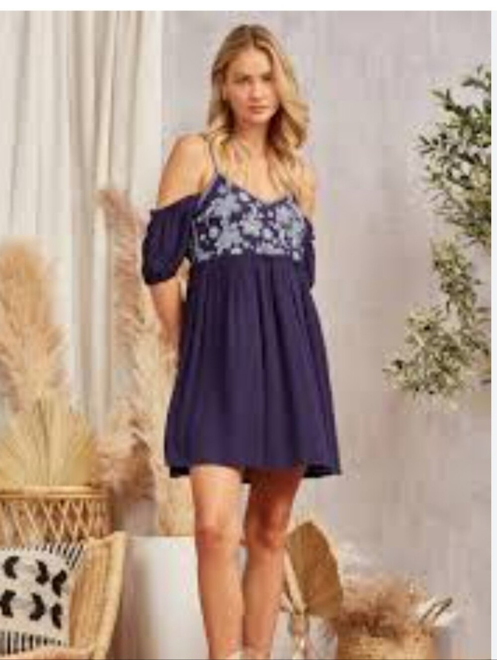 Savanna Jane Navy Mini Dress with White Floral Embroidery-Small